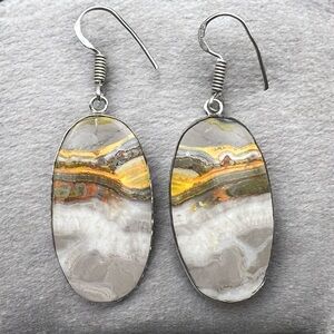 New Bumblebee Jasper Stone Silver Overlay Hook Earrings
